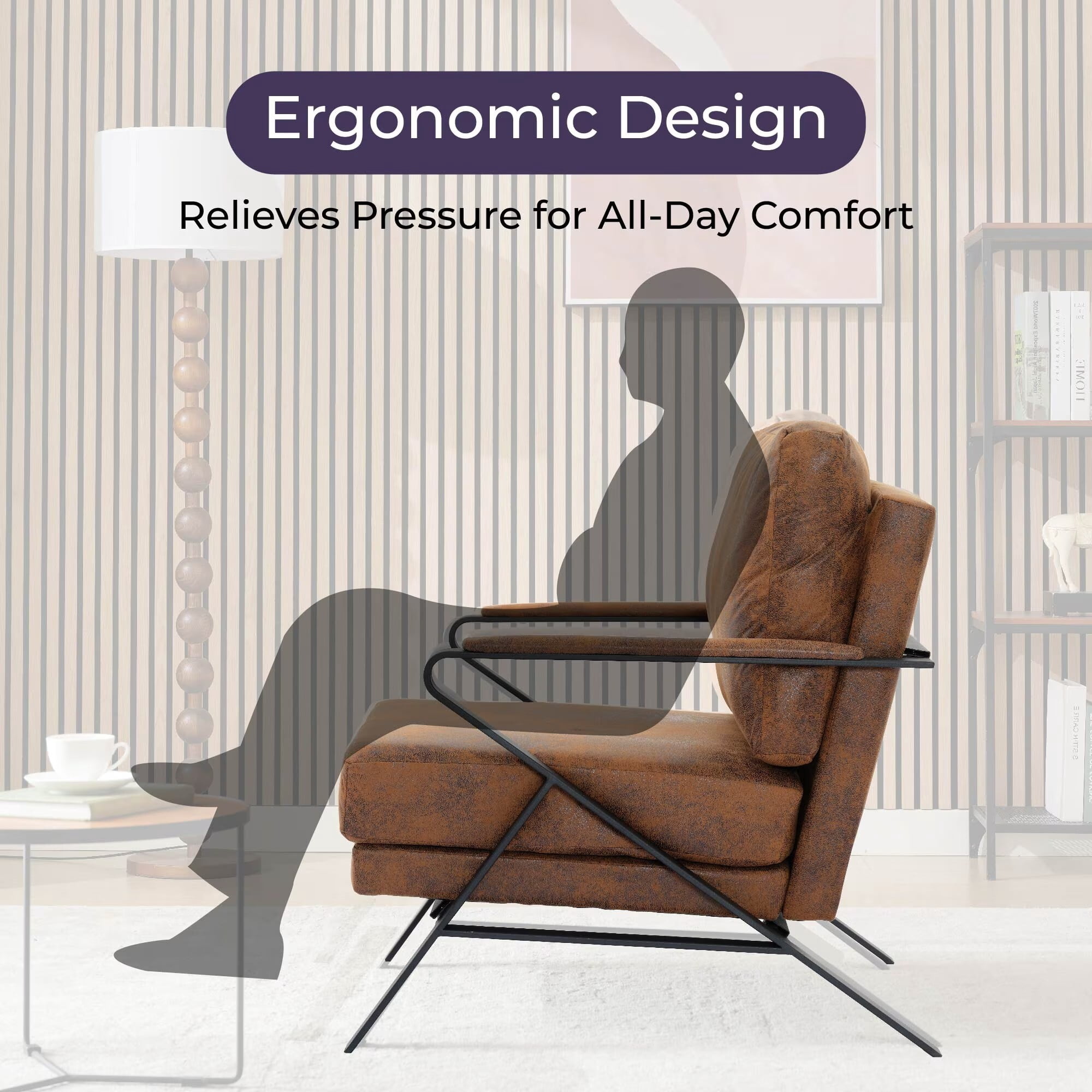 Avobird Mid-Century Modern Accent Chair for Living Room, Bedroom, Office,, Vanity Chair with Thicker Cushion & Iron Frame, Brown