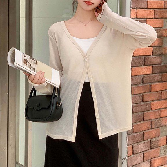 Women's Lightweight V Neck Button Down Cardigan Sweater For Casual Outfit With Long Sleeves Thin Sweater Cardigan Open Neck Sweater Womens plus Size Extra Large Sweaters Womens Sweaters Stylish Pearl