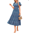 thumbnail image 2 of Summer Maxi Dresses for Women 2025 Casual V Neck Puff Short Sleeve Smocked Flowy Beach Boho Long Floral Dress Blue L, 2 of 7