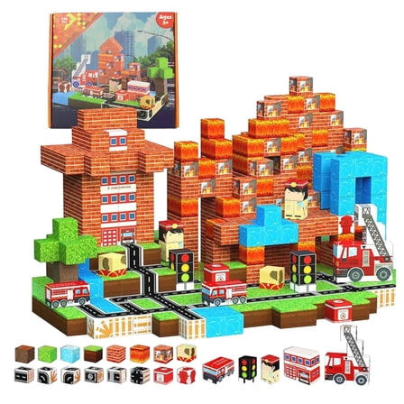 Magnefun Magnetic Blocks, 100PCS Firefighter Theme Magnetic Building Blocks Cube Game, STEM Learning Toys, Magnetic Toys for Kids Ages 4-8