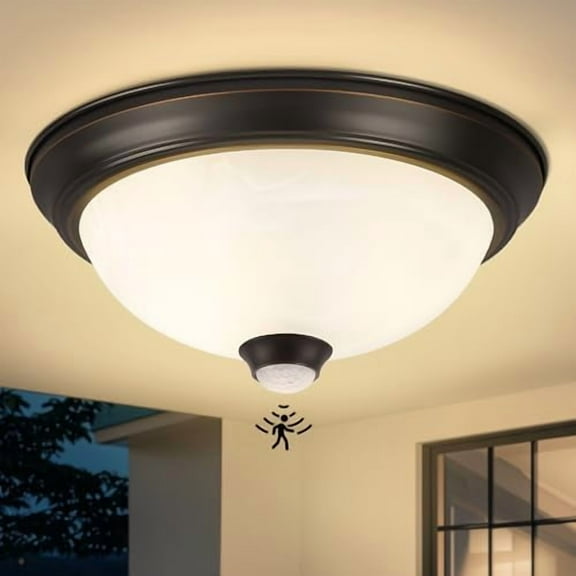 Motion Sensor Outdoor Ceiling Light with Remote, Dusk to Dawn Flush Mount Porch Light with 4 Modes, Close to Ceiling Light Fixture 2 LED Bulbs Included for Patio/Garage/Hallway