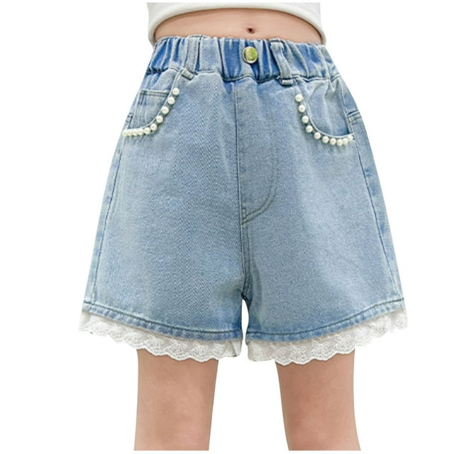 Zpanxa Girls Summer Casual Denim Shorts Elastic High Waist Button Closure Pearl Decor Pocket Lace Ruffle Hem 3 Years
