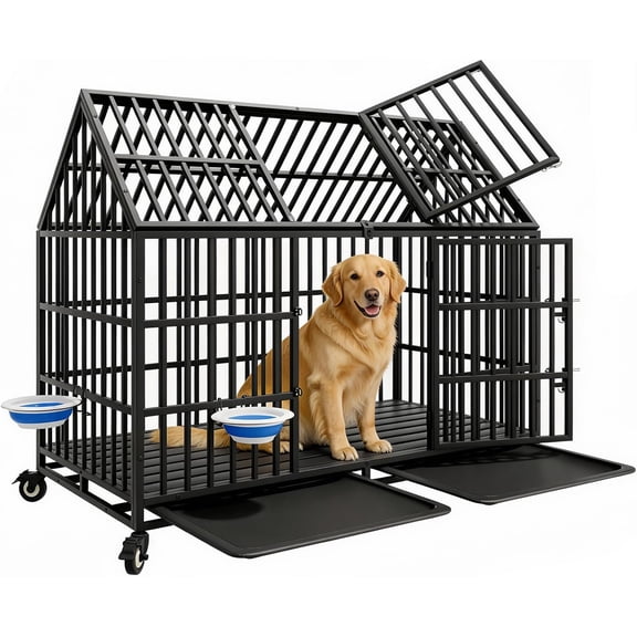 Ufyerutg 54 Inch Heavy Duty Dog Crate Extra Large Dog Cage Kennel, Indestructible XXL Dog Crate with Open Roof Top, Trays and Wheels, Escape-Proof for High Anxiety Giant Dogs