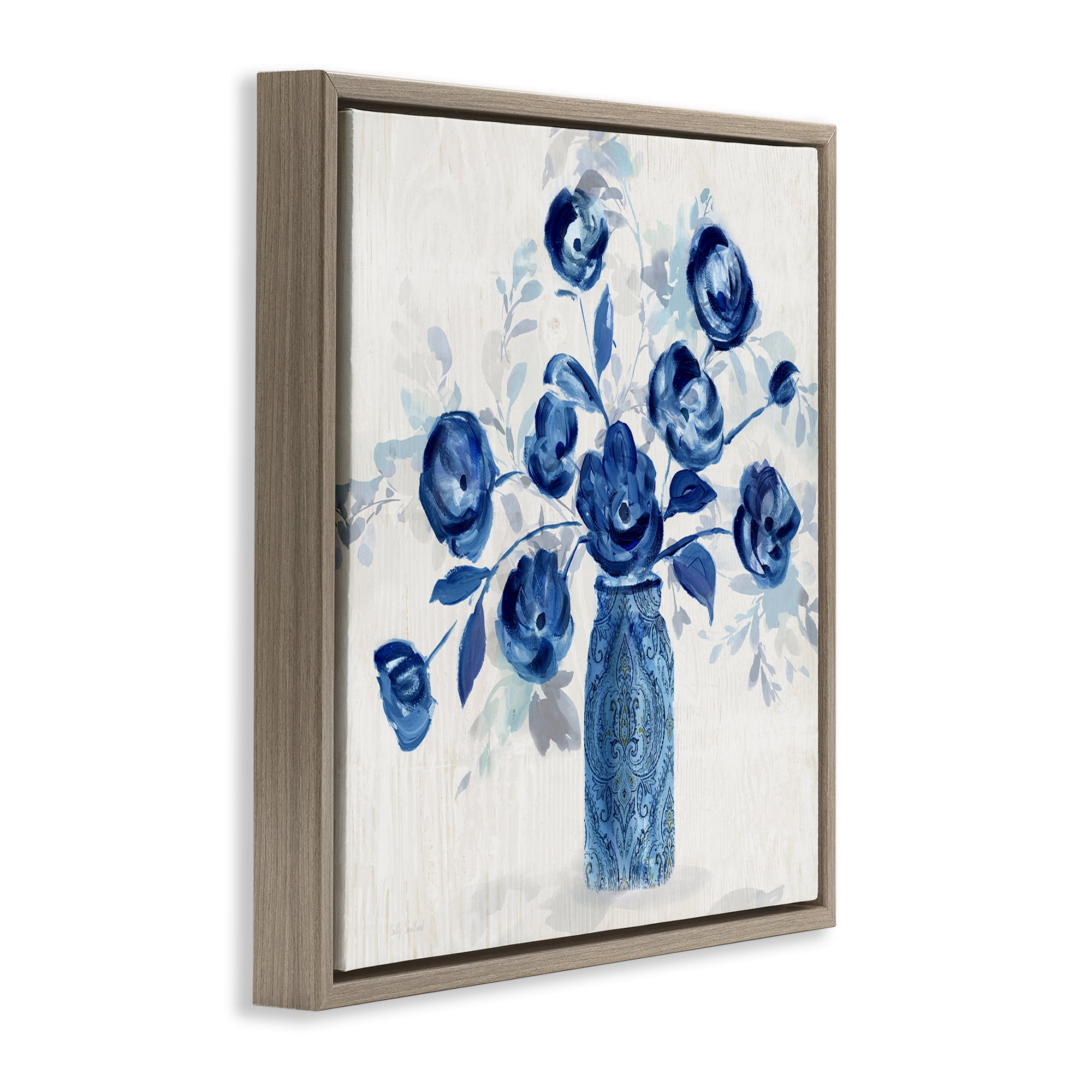 Stupell Industries Blue Roses Ornate Jar Plants & Flowers Painting Brown Floater Framed Canvas Art Print Wall Art, 25 x 25