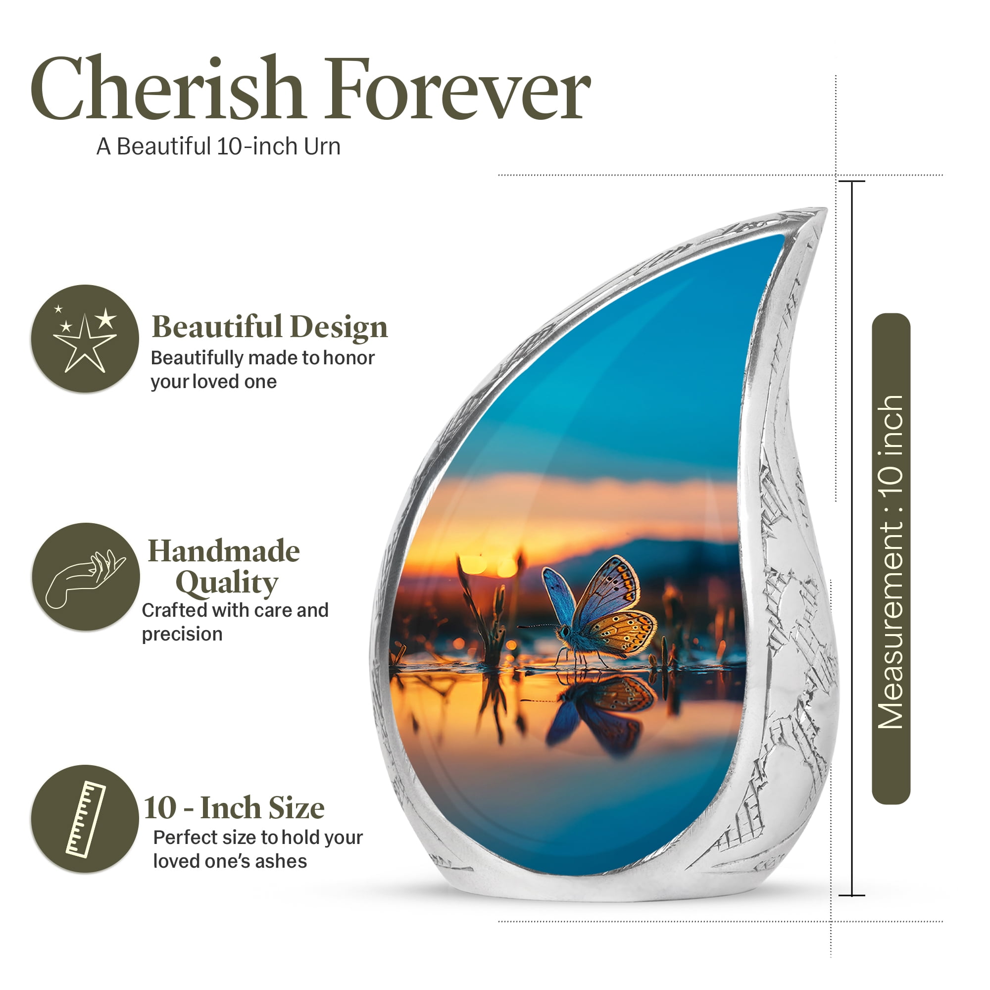 SABURIAL Butterfly Urn - Handcrafted Memorial Tribute Urn For Mom & Dad - Burial Urns For Human Ashes Male & Female - Beautiful Urns - Combo - 10 Inch Large & 3 Inch
