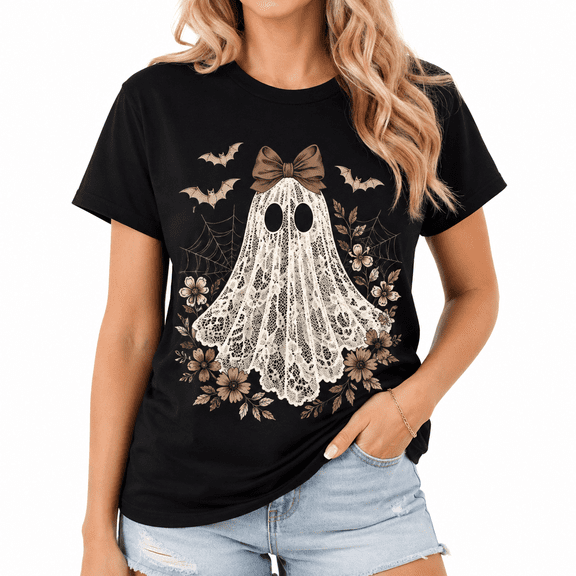 【New Arrival】Women's Halloween Lace Ghost Graphic T Shirt Black Short Sleeve Crew Neck Cute Spooky Floral Bow Casual Tee