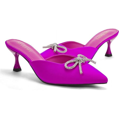

XWQWJH Slingback Rhinestone Bow Heels for Women Closed Pointed Toe Kitten Pumps Slip On Stilettos Wedding Bride Dress Shoes