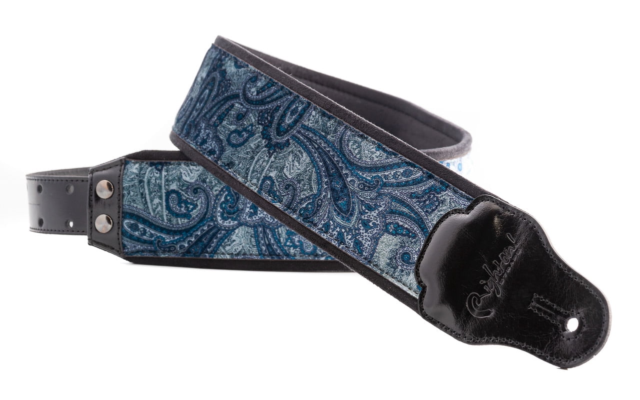 RightOn! Straps Paisley Velvet-70 Wide Genuine Leather Guitar Strap BLUE