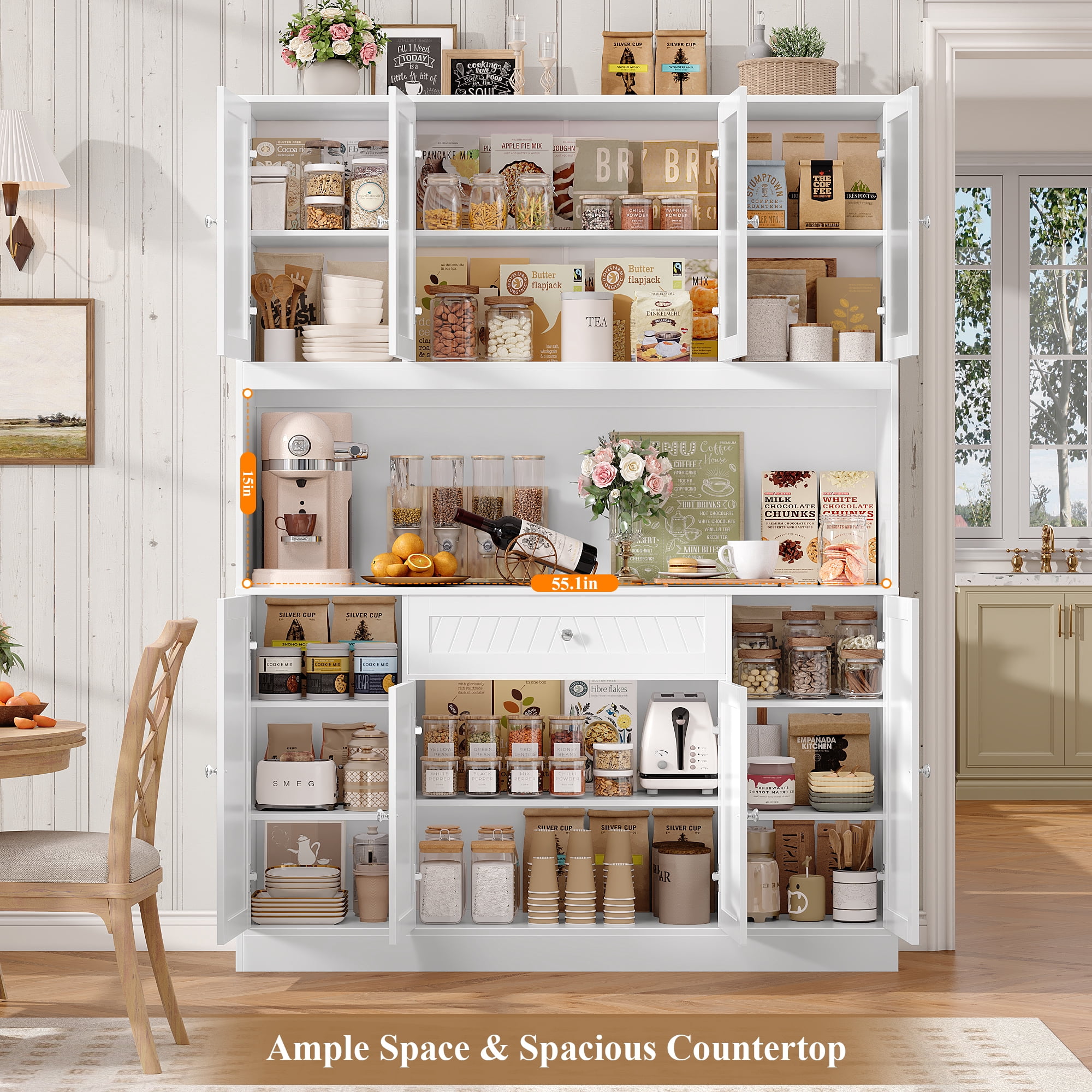 Hiphuta 72" H Kitchen Pantry Cabinet with Frosted Glass Door, 55" W Farmhouse Kitchen Storage Cabinet with Cable Management, Large Kitchen Hutch for Kitchen Dining Room