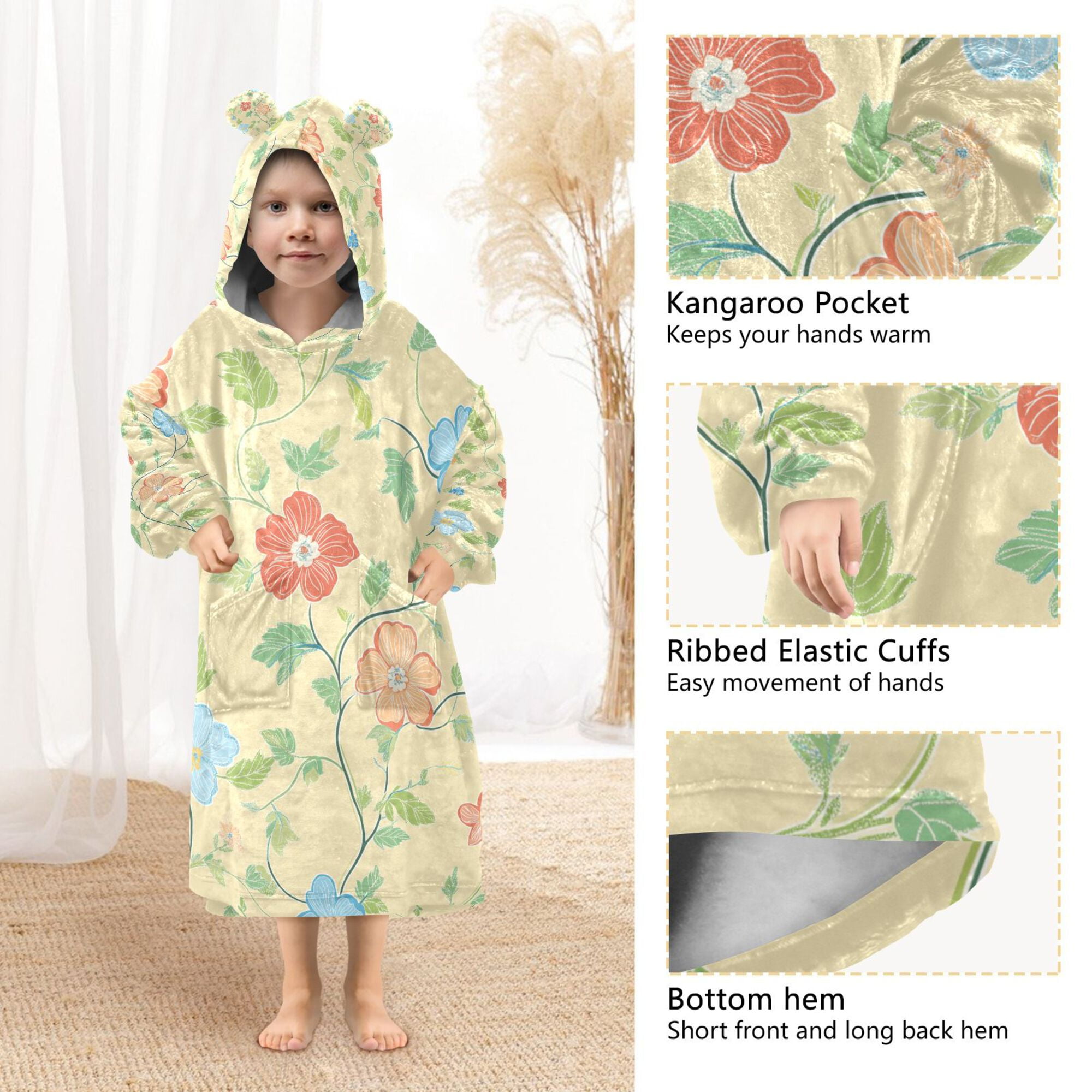 FORMRS Wearable Blanket Hoodie with Sleeves for Kids Cozy Flannel Sweatshirt, Colorful Flower