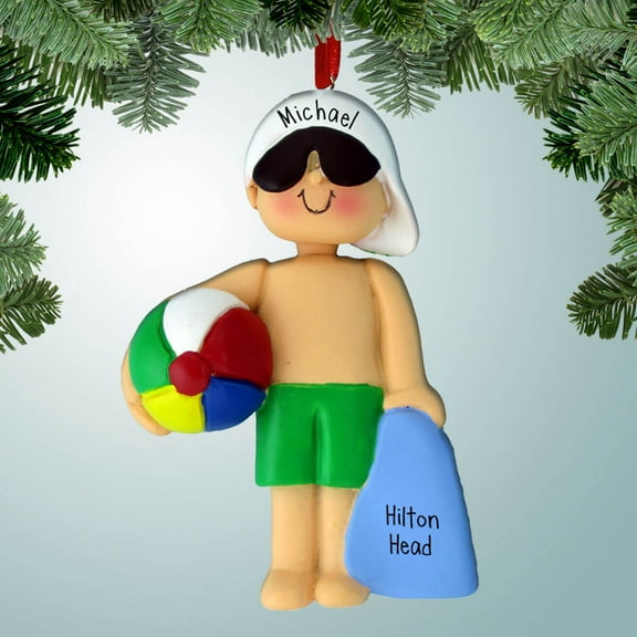 Personalized Beach Boy with Green Trunks Christmas Ornament - Trip to Hawaii - Family Vacation - Travel - Great Gift Ideas