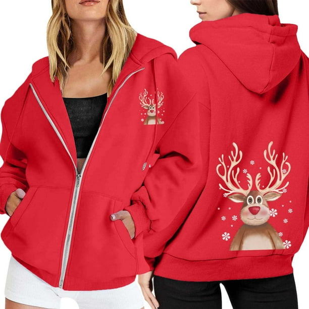 WILLBEST Sudadera Deportiva para Mujer Ladies' Christmas Printed Zipper Long Sleeved Pocket Drawstring Casual Hooded Sweatshirt 2075 XX-Grande
