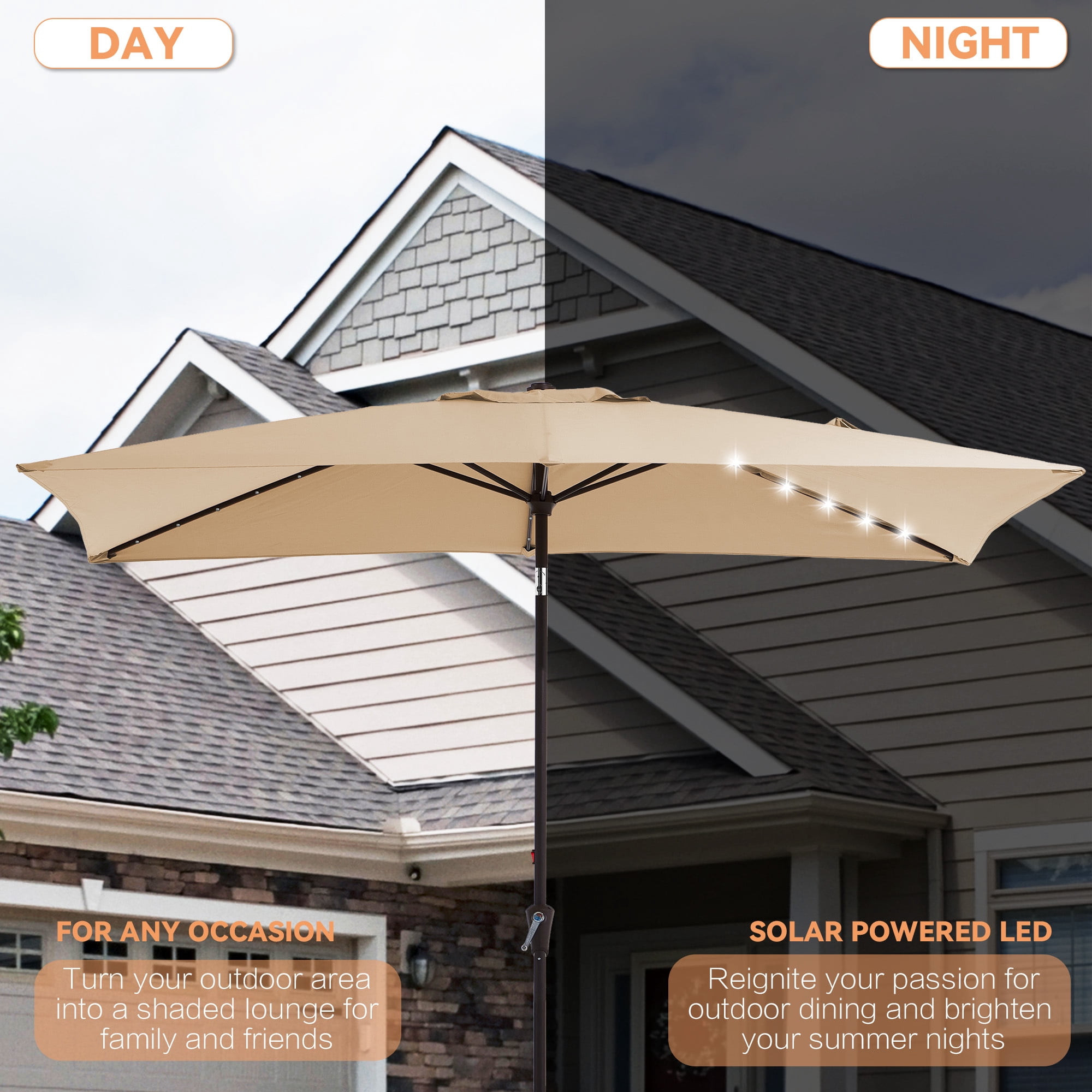 FANDAZE 6.5'x10' Solar LED Rectangular Patio Umbrella with Crank, 6 Heavy-Duty Ribs UV Protection for Garden, Deck, Backyard and Poolside, Beige