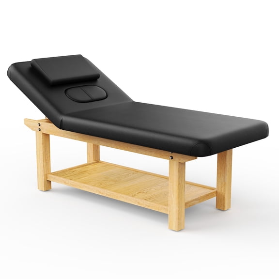 Miniyam 80" Quality Leather Beauty Spa with Open-Chest & Headrest Wooden Massage Table Bed for Spa Facial Therapy Salon Equipment, Black