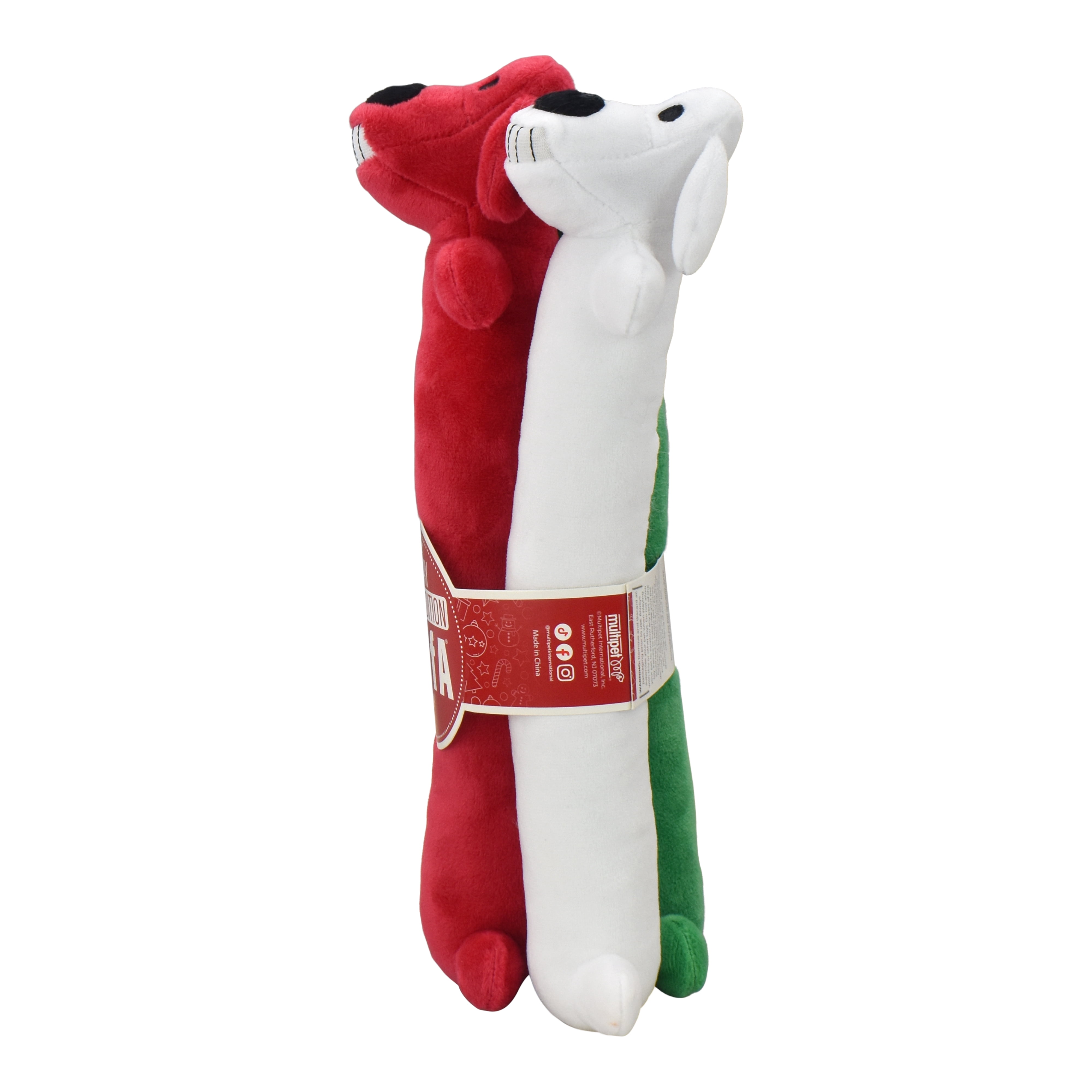 Multipet Plush Holiday Loofa Dog Toys, Stuffing & Squeaker, 3 Pack with Red, White & Green