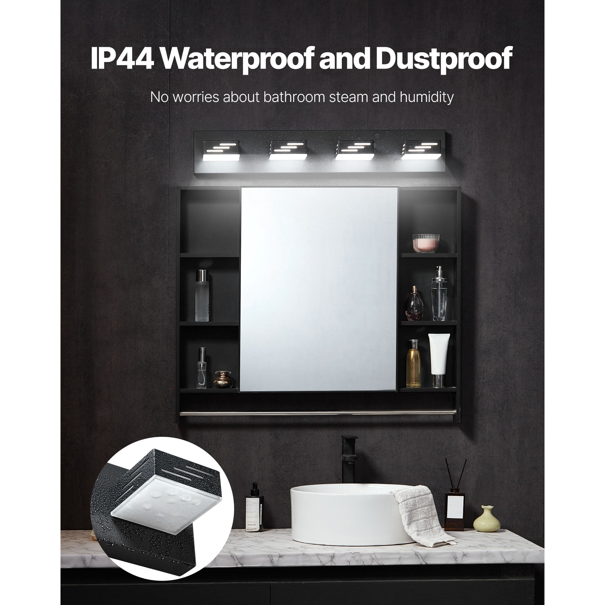 KFFKFF 4-Light LED Modern Vanity Light Fixture, 25.59-Inch, Black Finish Wall Lighting for Bathroom, Living Room, Bedroom, Hallway, Cool White 6000K, IP44 Waterproof