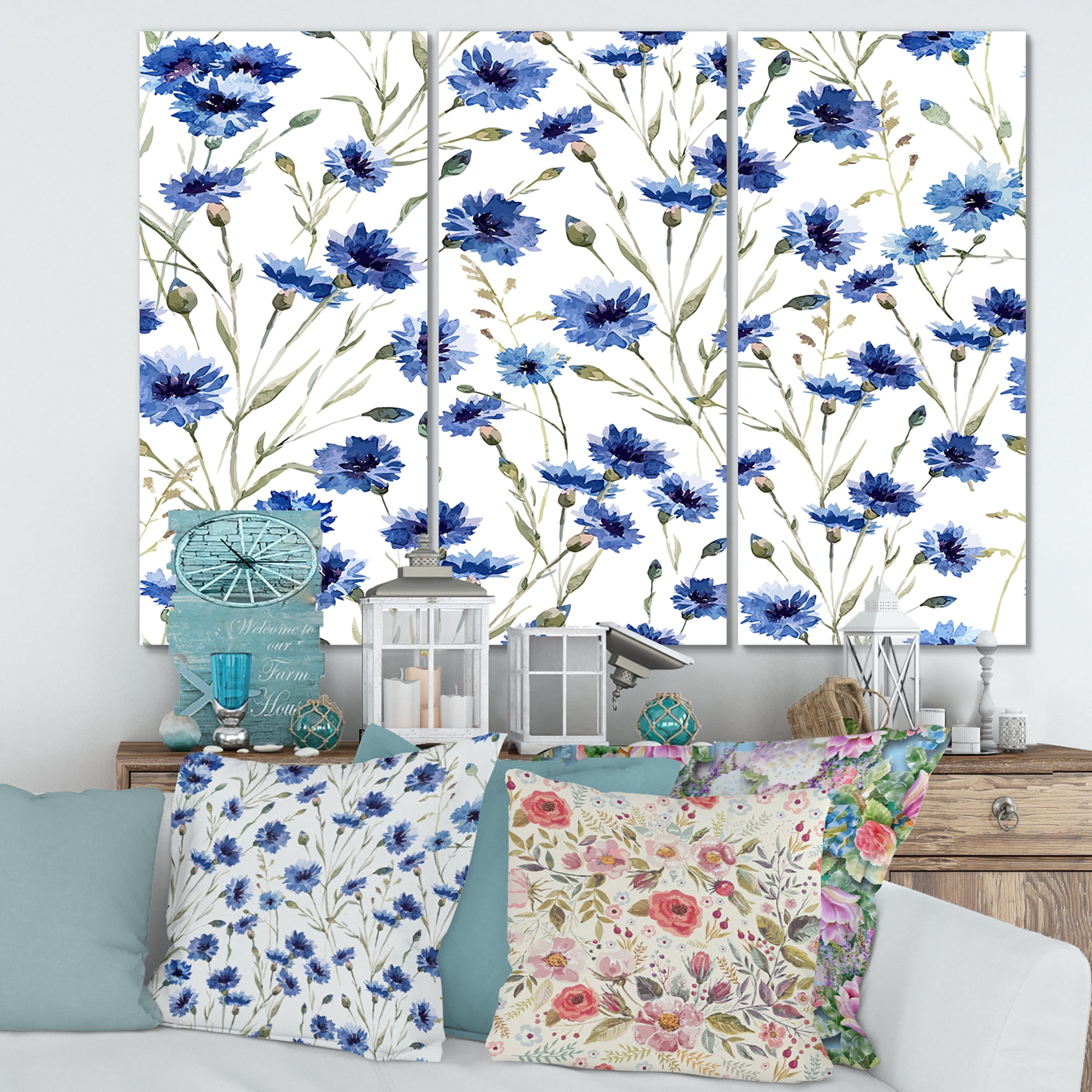 Designart ' Blue Wildflowers With Green Leaves On White ' Traditional Canvas Wall Art Print