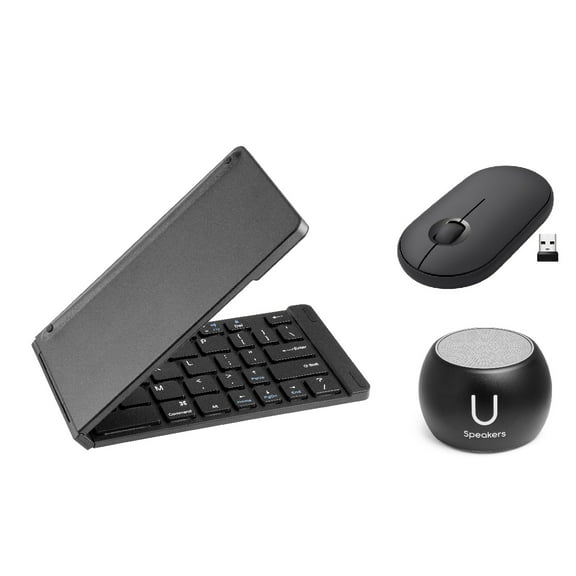 Fashionit U Speakers Boost Water-Resistant Portable Bluetooth Speaker with Selfie Remote Control, Bass, & Mic Travel Home Office Modern Bundle with Mini Folding Wireless Keyboard & Pebble Mouse