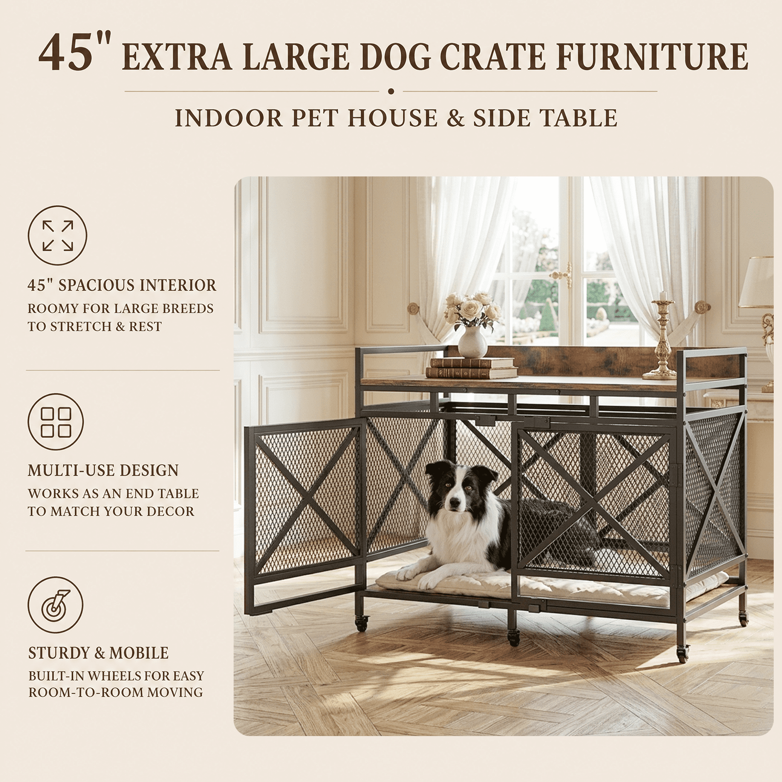 Fowroa 48" Dog Crate with Wheels Dog Crate Furniture for Large Dogs up to 90 lbs, Waterproof Top, Brown