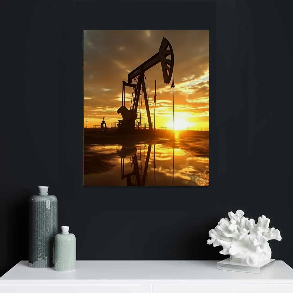 JEUXUS Oil Pump Wall Art Oil Rig Picture Wall Decor OilField Canvas Print Oil Field Poster Painting Framed Home Living Room Bedroom Decoration  Ready to Hang