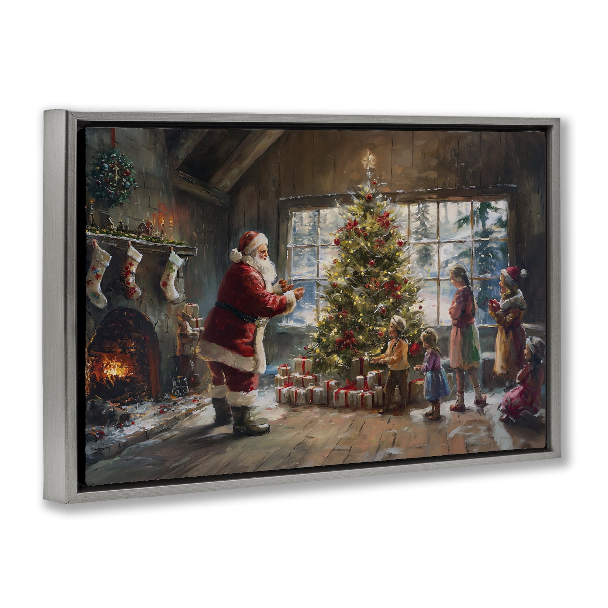 Stupell Industries Christmas Morning Family Holiday Painting Gray Floater Framed Canvas Art Prints Wall Art, 31 x 21