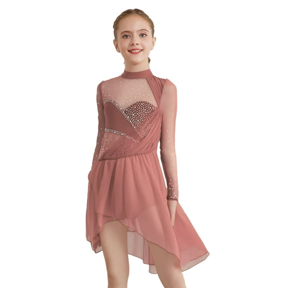 Nyeemya Girls Rhinestones Modern Lyrical Dance Dress Long Sleeves Mesh Patchwork Chiffon Splice Skirt Leotard Dusty Pink 8