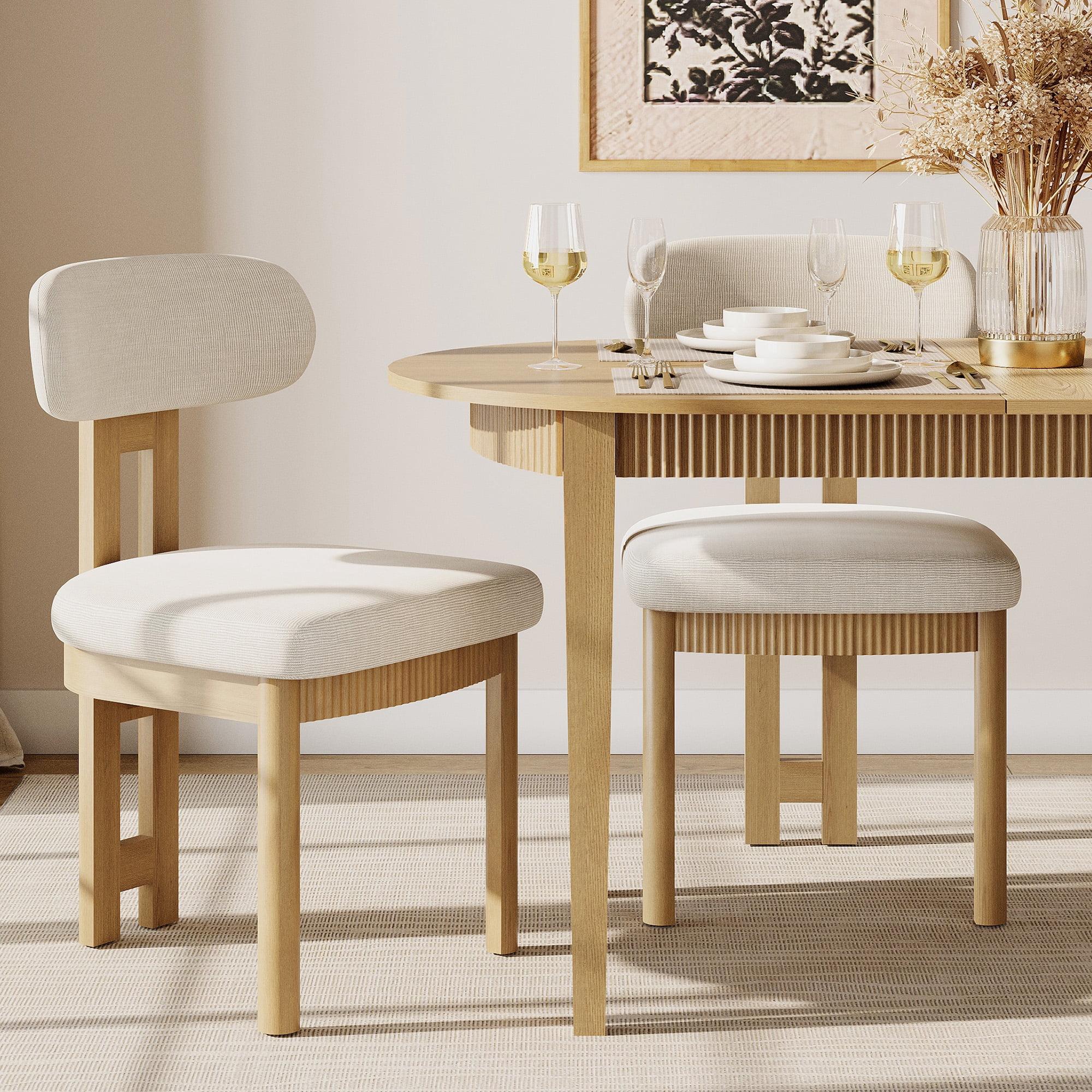Mid-Century Modern Dining Chairs Set of 6,Polyester Linen Fabric Kitchen Chairs with Solid Wood Legs and Fluted Apron, Armless Side Chairs with Curved Backrest For Dining Room, Living Room