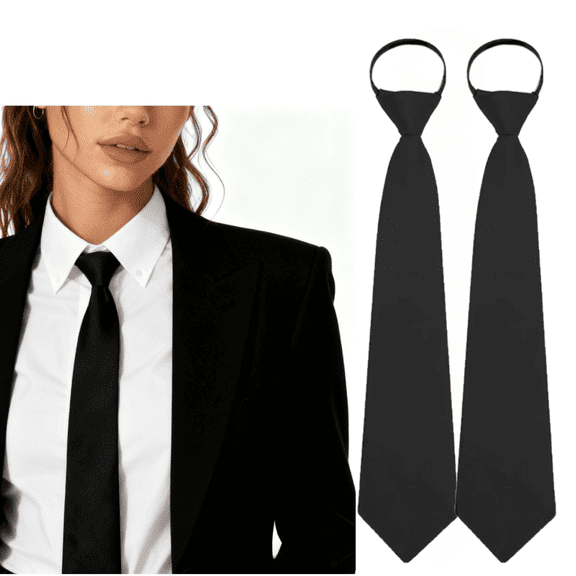2Pcs Black Tie 3.15” Adjustable Pre-tied Necktie for Women Solid Color Neck Tie Girl Zipper Ties for Business Uniforms