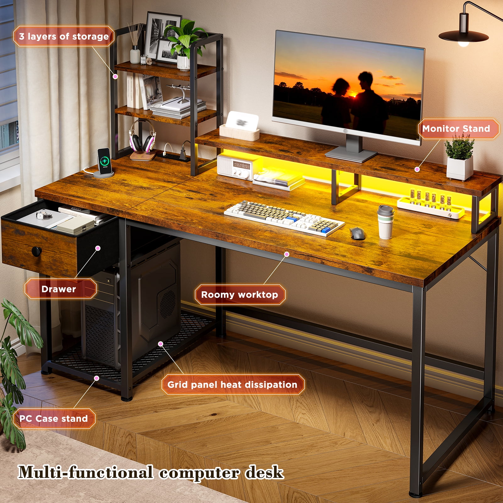 Romorgniz 44"W Computer Desk with Hutch, Gaming Desk with LED Lights & Power Outlets, Small Desk with Drawer and Monitor Stand, Writing Desk for Home Office, Rustic Brown