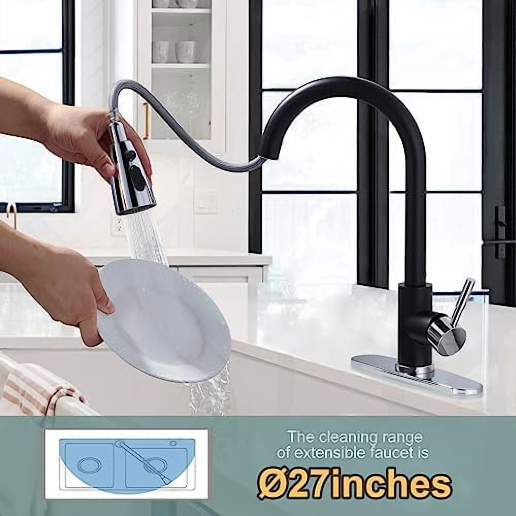Black and Chrome Kitchen Faucet with Sprayer,  Stainless Steel Kitchen Sink Faucet High Arc Utility Sink Faucet 1 or 3 Hole, Kitchen Tap for RV, Laundry, Bar
