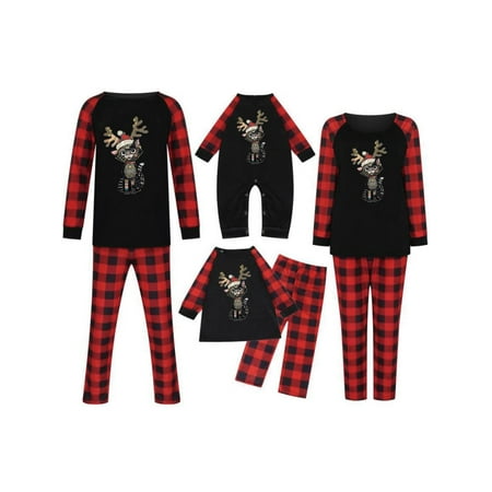 

Bomotoo Mommy Dad Child Loungewear Nightwear Long Sleeve Cat Print Tops and Plaid Pants Matching Family Pajamas Set Sleepwear Red Dad L