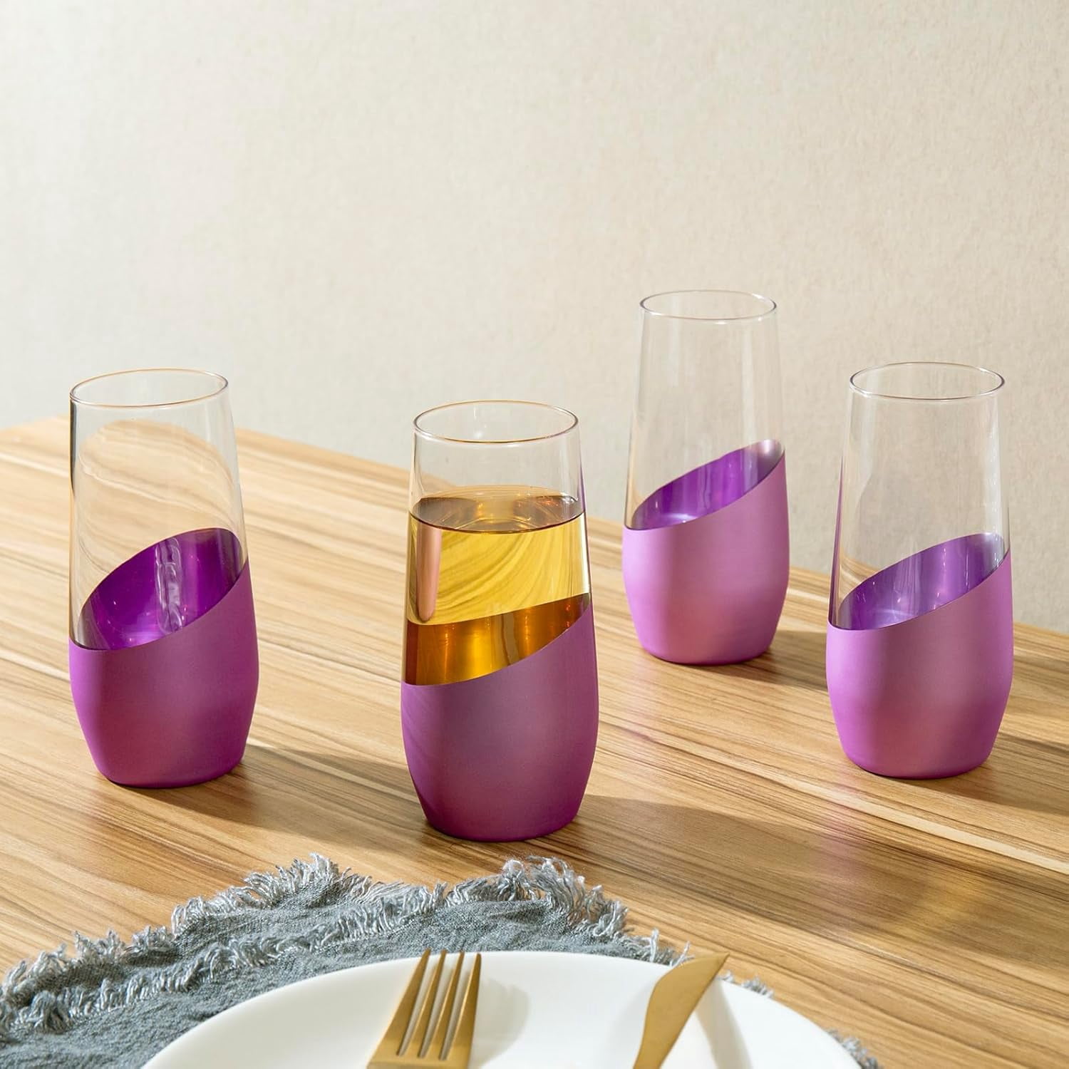MyGift Set of 4 Purple and Gold Stemless Champagne Flutes 11 oz Modern Sparkling Wine Glasses Elegant Toasting Drinkware for Weddings Parties Home Bar Celebrations