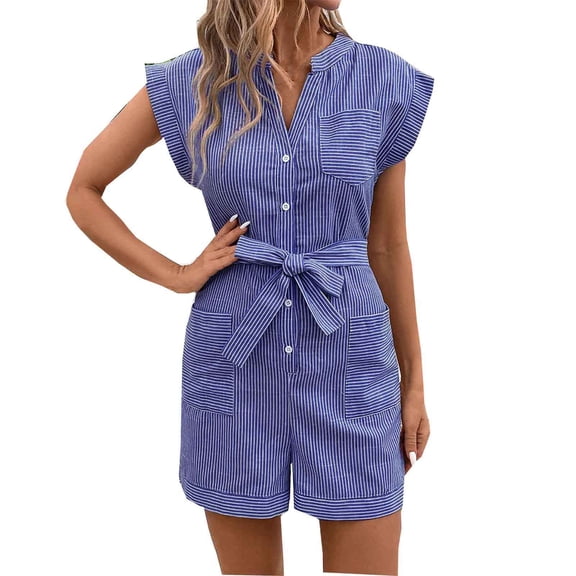 UYISJ Womens Jumpsuits Dressy Striped Button V Neck Shorts Romper Comfy Business Work Overalls One Piece Jumpsuit with Pockets Blue XL