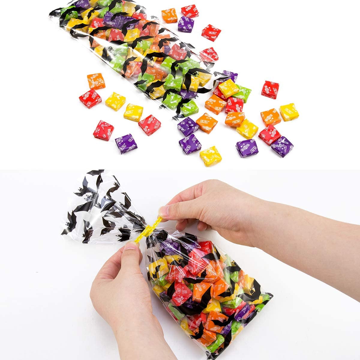 200PCS Halloween Cellophane Snack Bags Clear Candy Cookie Treat Bags with Twist Ties 4 Patterns Pumpkin Bat Spider and Witch Design A