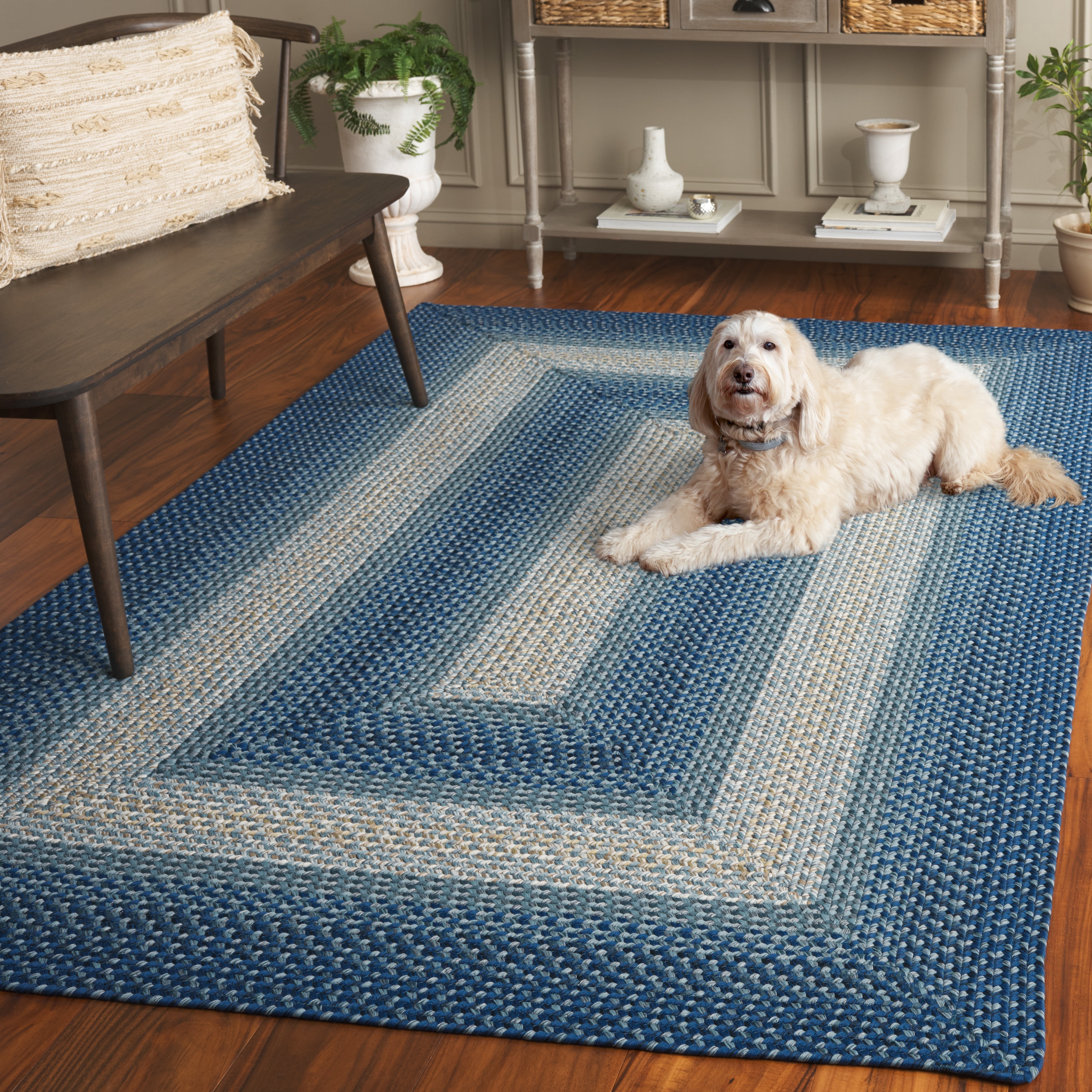 SAFAVIEH Braided Neville Bordered Machine Washable Reversible Area Rug, Navy/Grey, 5' x 8'