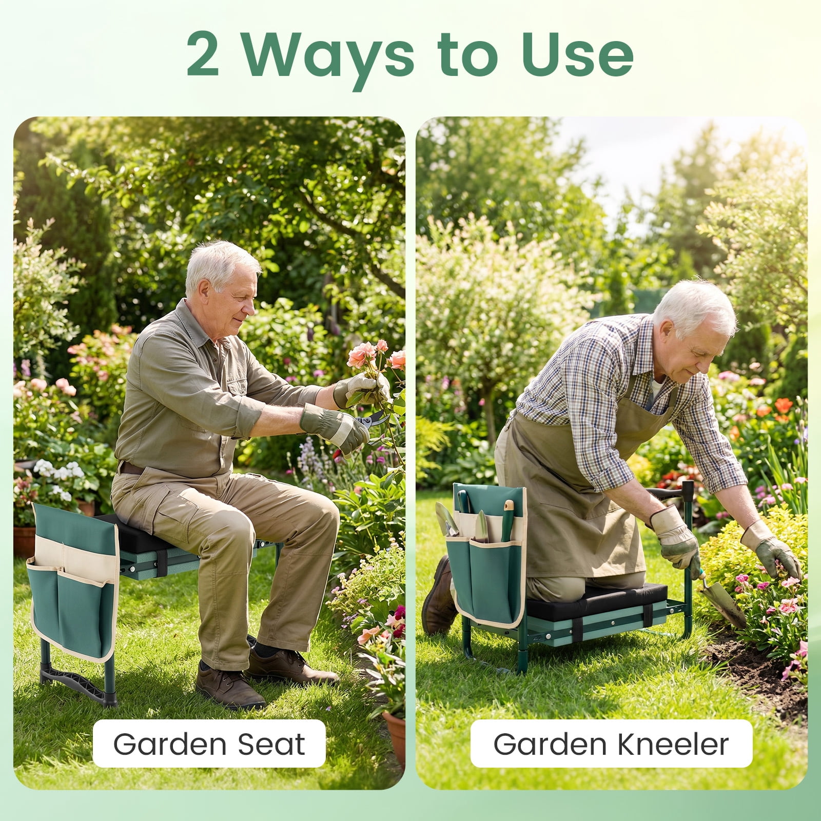 Costway Garden Kneeler and Seat, Foldable Gardening Stool with Wide EVA Foam Padding Green