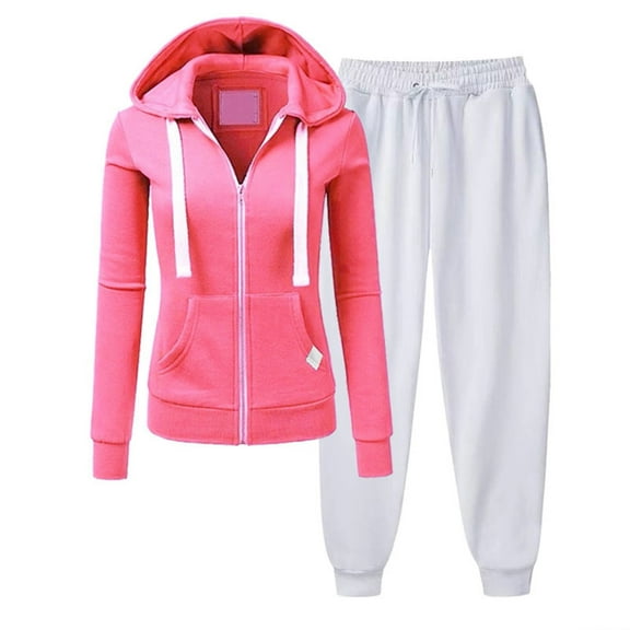 DailyTrove Women's Long Sleeve Zip-Up Hoodie & Pant Set - Solid Color, Casual Style, Spring & Street Wear,Pink
