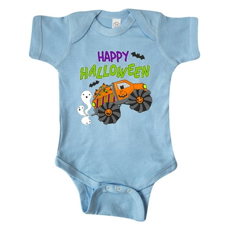 

Inktastic Happy Halloween-monster truck with pumpkins bats cat and ghost Gift Baby Boy or Baby Girl Bodysuit