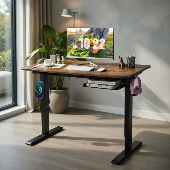 Demi Bonn 48" Electric Height Adjustable Standing Desk with Control Panel, Small Home Office Desk Study Writing Table, Brown