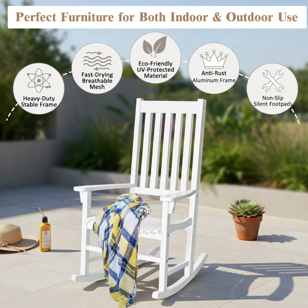 Hommoo Acacia Wood Indoor & Outdoor High-Back Rocking Chair, Weather-Resistant Patio Rocker for Backyard, Balcony & Living Room, White