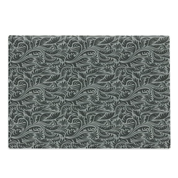 Black and Grey Cutting Board, Pattern with Fern Leaves and Big Flowers Abstract Scroll Garden Art, Decorative Tempered Glass Cutting and Serving Board, Large Size, Black and Grey, by Ambesonne