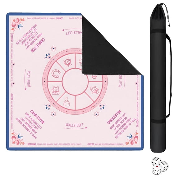 Mahjong Mat with Carrying Bag 31.5" x 31.5" Non-Slip Noise Reduction Pink Lucky Charm Floral Table Mat for Mahjong Poker Dominoes Card Board Tile Games