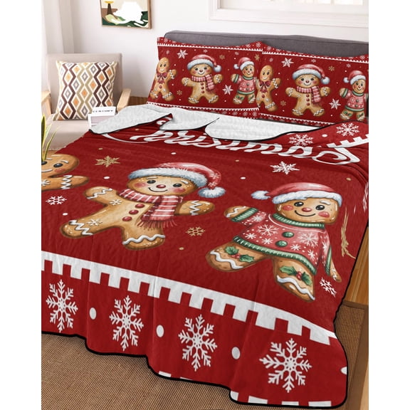 Gingerbread Christmas King Size Down Alternative Comforter, Lightweight Comforter Quilt Bedding Set with Pillow Shams Red Golden Snowflake Winter Xmas All Seasons Bed Comforter Duvet Insert 96"x106"