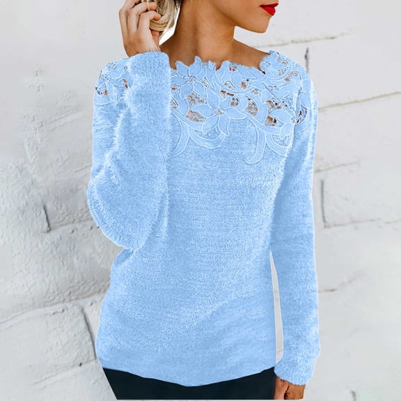 Valueadd Clothing Women's Long Sleeve Pullovers Lace Patchwork Knit Sweater Crewneck Solid Color Casual Knit Pullover Sweater Tops Multicolor XXL