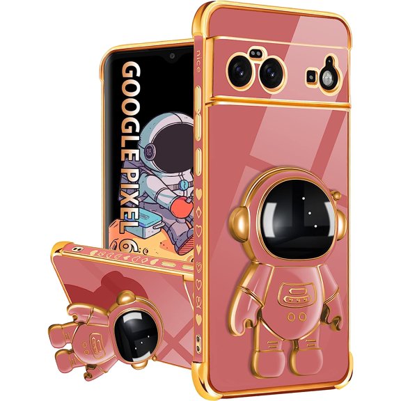 For Google Pixel 6 Case, Pixel 6 Cases with Astronaut Stand for Women Girls, Girly Cute Spaceman Love Heart Gold Plating 6D Phone Cover with Kickstand for Pixel 6 6.4 Inch Red