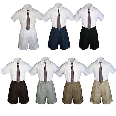 

3pc Set Boy Toddler Formal Party Brown Necktie White Black Khaki Shorts S-4T
