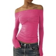 thumbnail image 5 of Long Sleeve Off Shoulder Top Women Elegant Pure Color Slim Fit Mesh Ruched T Shirt Blouse For Party, 5 of 5