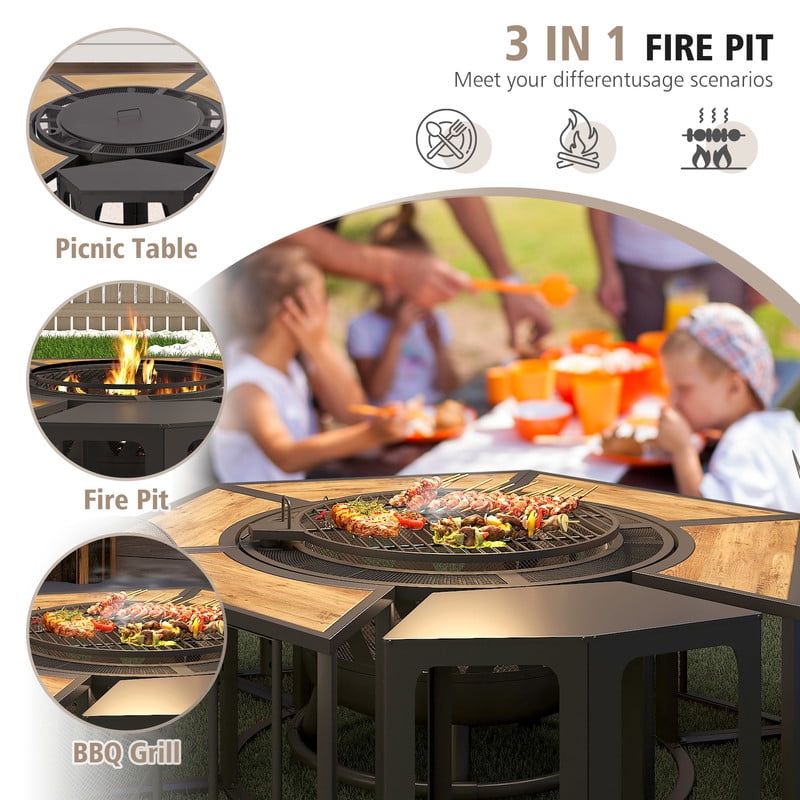 GAZEBETER 51" Fire Pit,Outdoor Wood Burning Fire Pits with Lids,Fire Poker and Metal Side Table,BBQ Fire Pits for Picnic Party, Natural Wood Grain