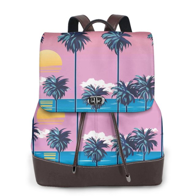 Easygdp Beach with Palm Trees Mochila de Cuero para Mujeres, Bolso de Hombro, Bolsos de Mano de Moda para Trabajo y Viajes