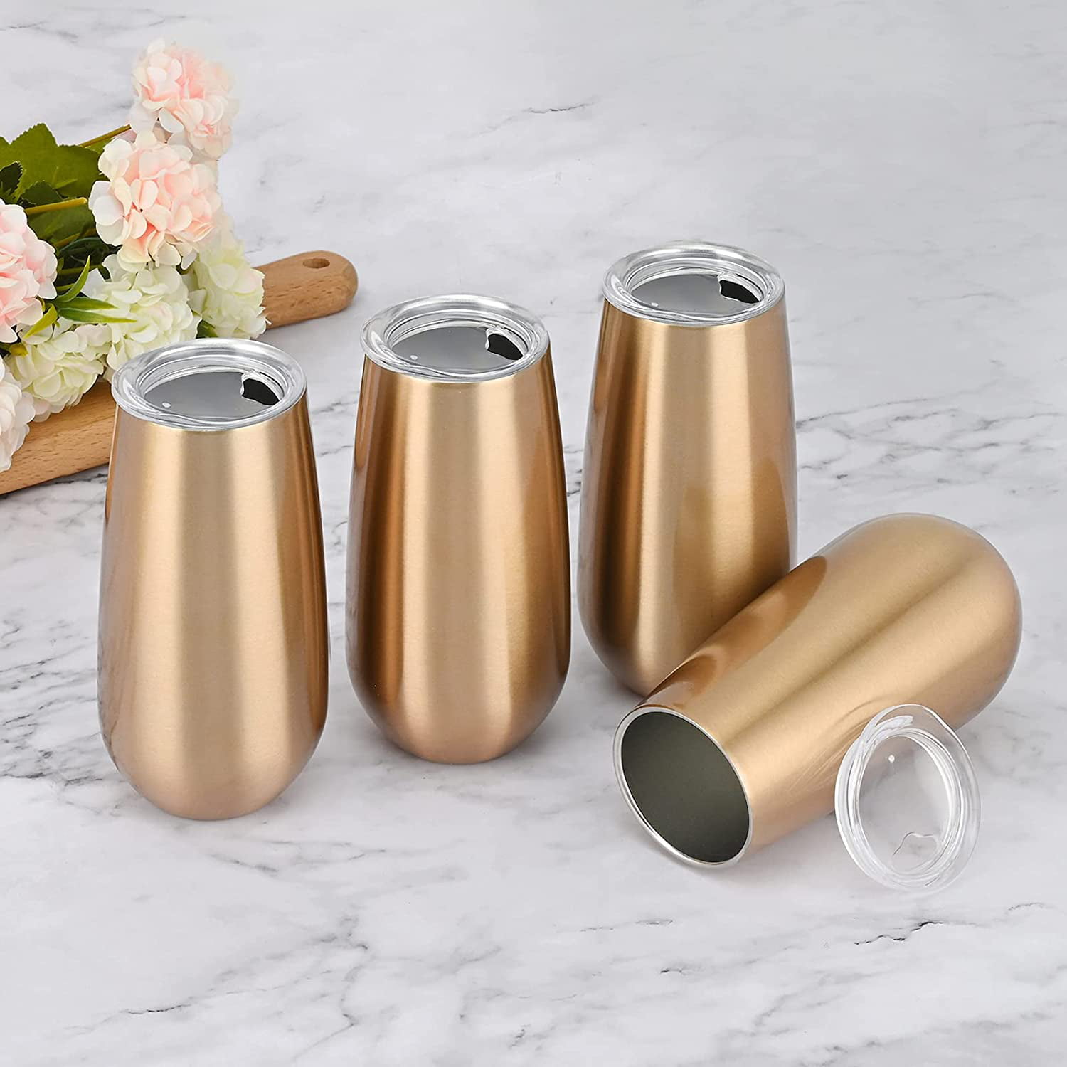 Gold Stemless Champagne Tumbler 6 Oz Gift for Family Friends Christmas Birthday Wedding Champagne Flutes Wine Tumbler Unbreakable Cocktail Cups with Lid 6 Pack Champagne Insulated Tumblers 
